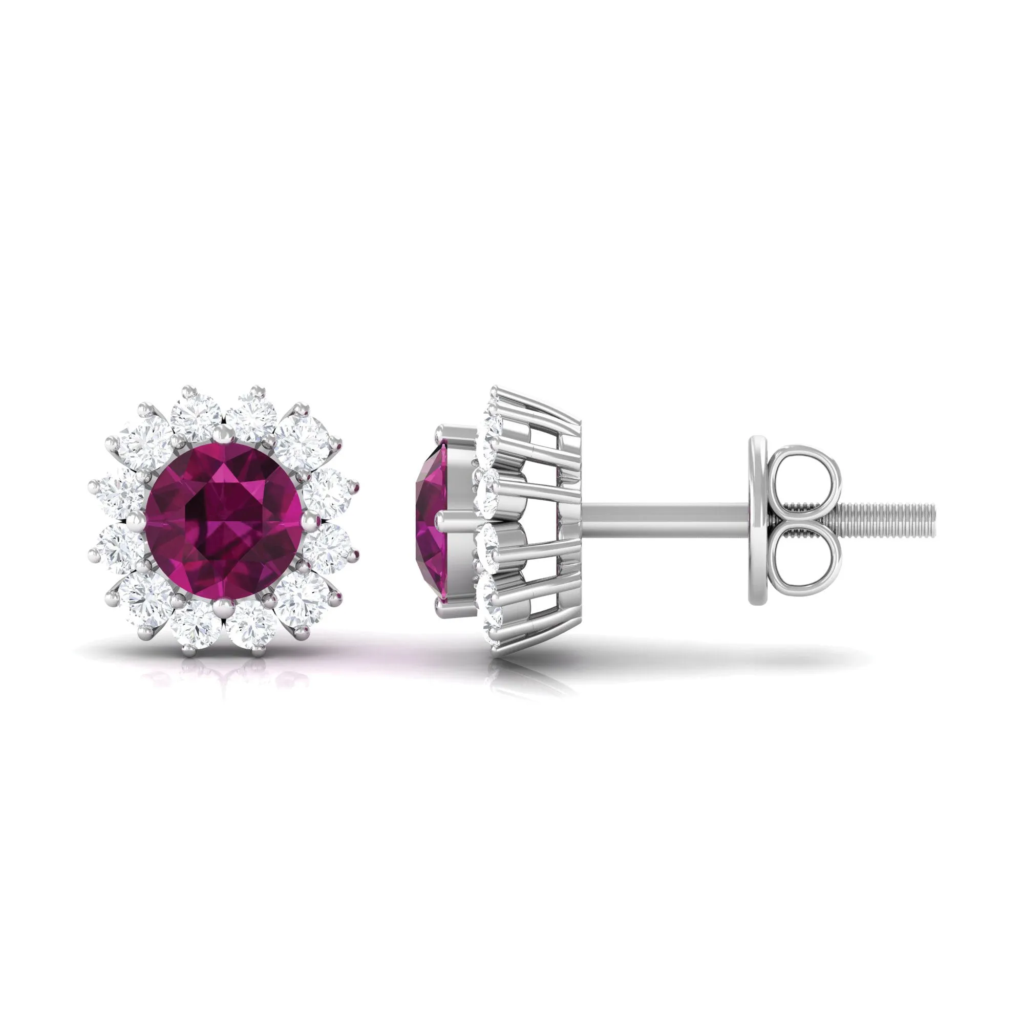 1 CT Classic Round Shape Rhodolite and Diamond Halo Stud Earrings