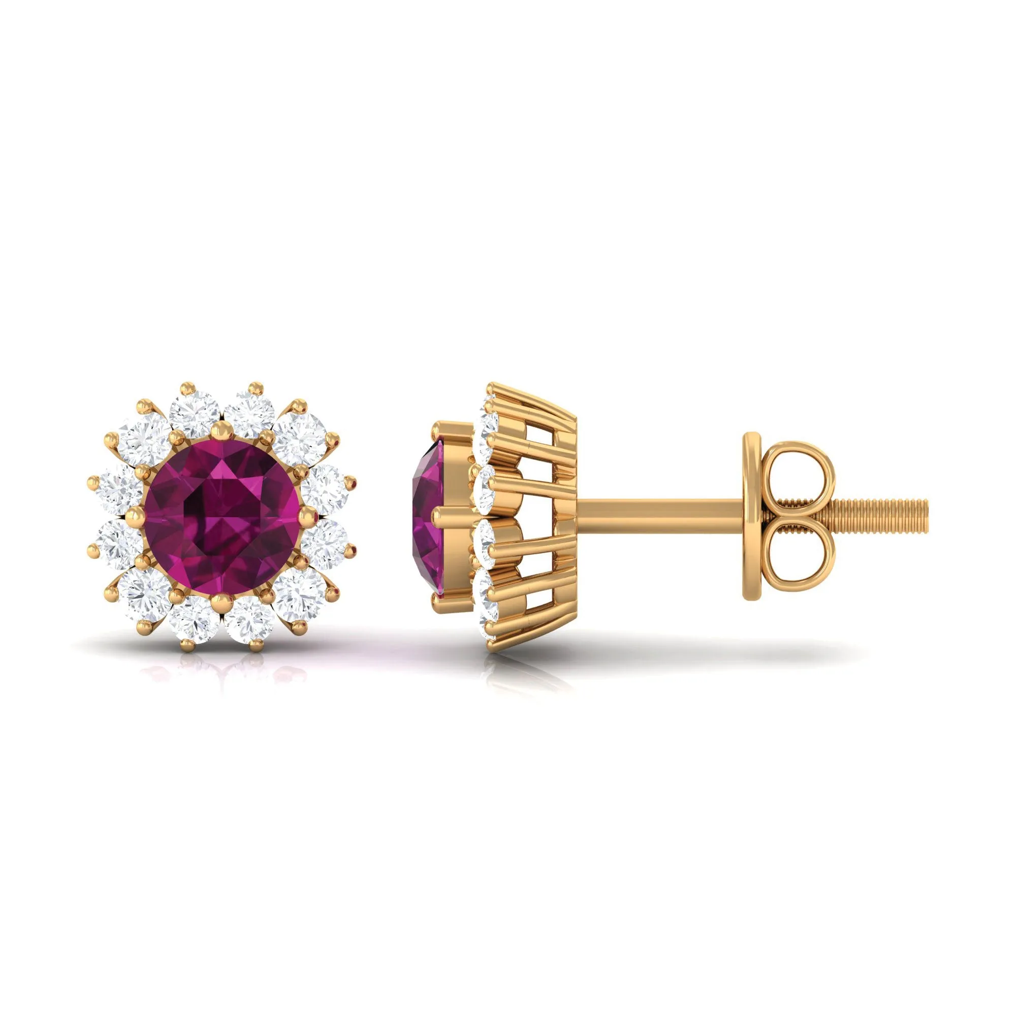 1 CT Classic Round Shape Rhodolite and Diamond Halo Stud Earrings