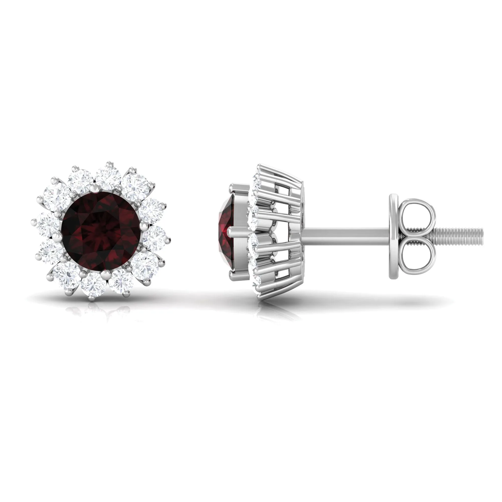 1 CT Garnet and Diamond Classic Halo Stud Earrings with Screw Back