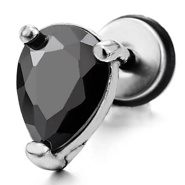 1 Pair Mens Women Pear Shape Black Cubic Zirconia Stud Earrings Stainless Steel Screw Back Post