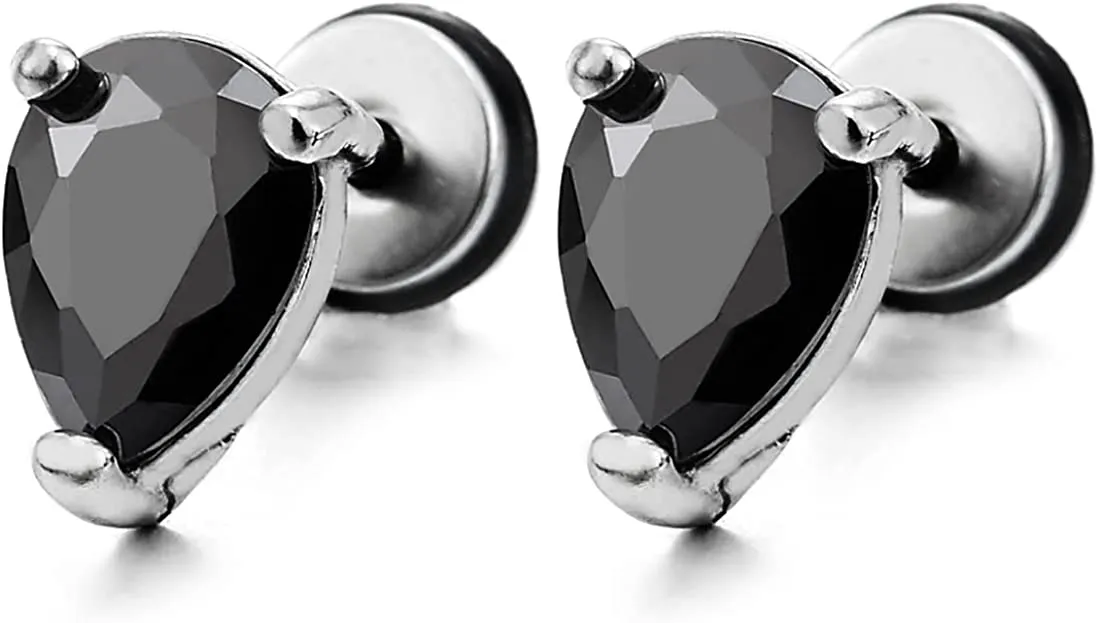 1 Pair Mens Women Pear Shape Black Cubic Zirconia Stud Earrings Stainless Steel Screw Back Post