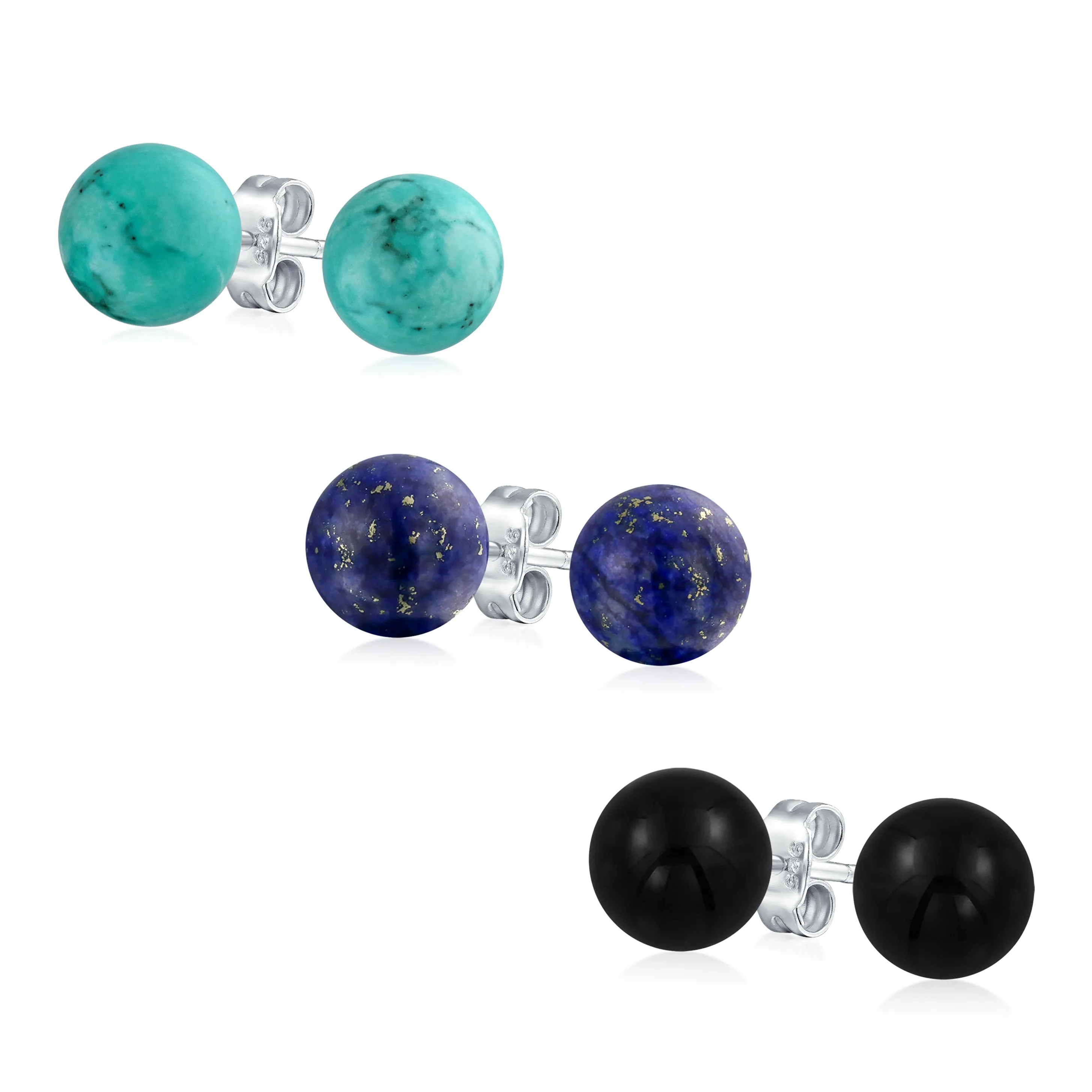 10MM Natural Gemstone Drop Ball Earrings  Sterling Silver - Birthstone Variety