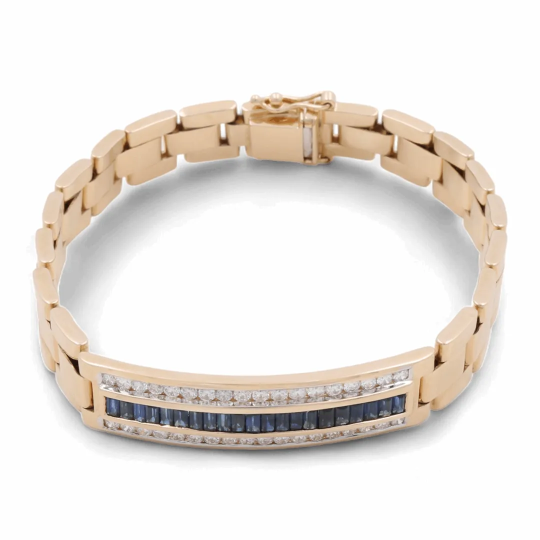 14K Men's Yellow Gold Fashion Italian Bracelet with Diamonds and Sapphires