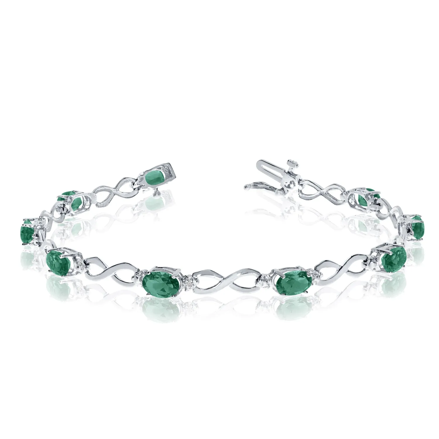 14K White Gold Oval Emerald Stones And Diamonds Infinity Tennis Bracelet, 7"