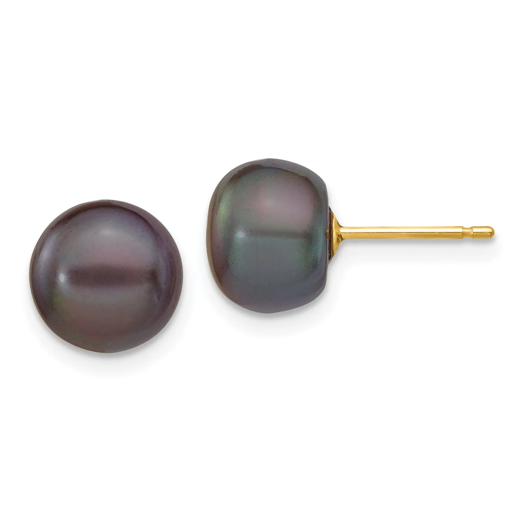 14k Yellow Gold Black Button Black Pearl Earrings