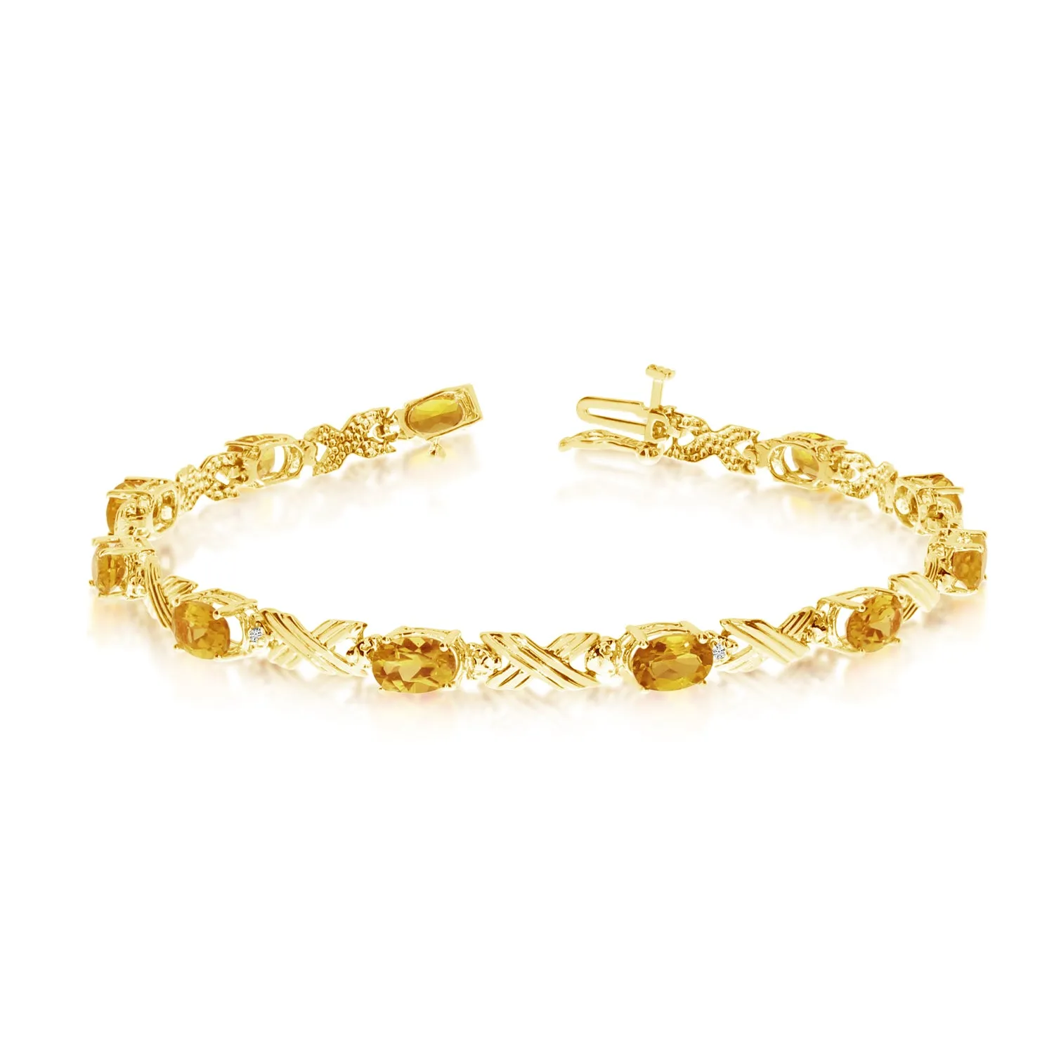 14K Yellow Gold Oval Citrine Stones And Diamonds Tennis Bracelet, 7"