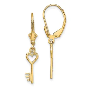 14K Yellow Gold Polished Finish Heart with Key Leverback Earrings