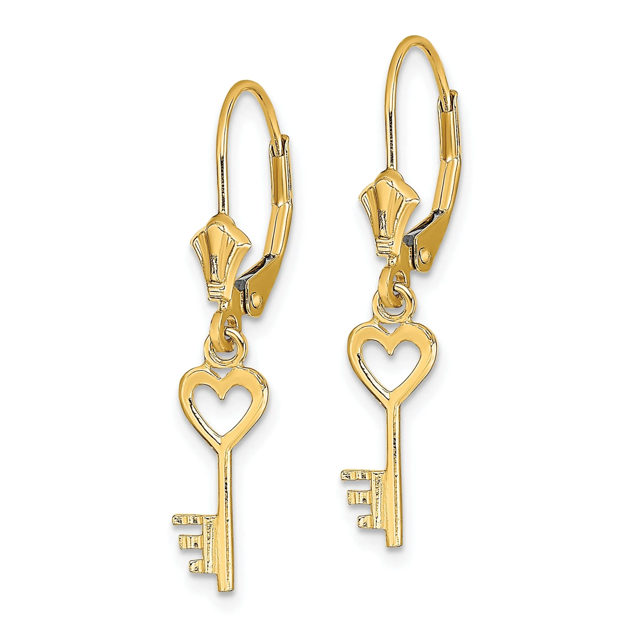 14K Yellow Gold Polished Finish Heart with Key Leverback Earrings