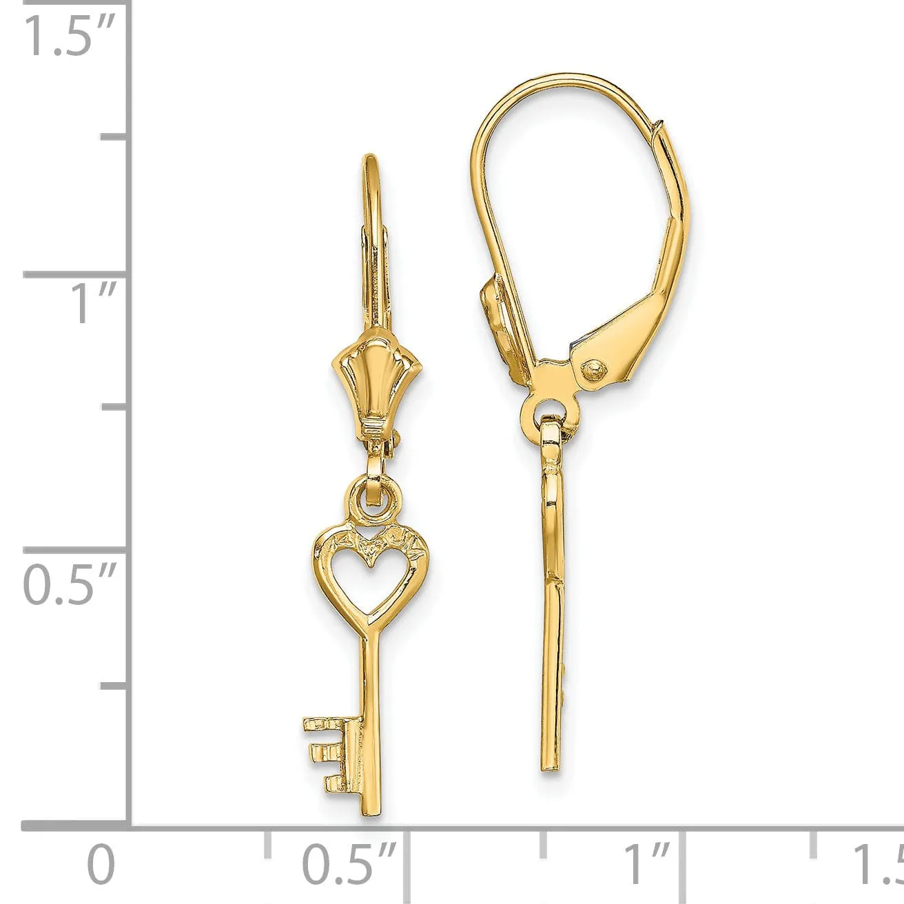 14K Yellow Gold Polished Finish Heart with Key Leverback Earrings