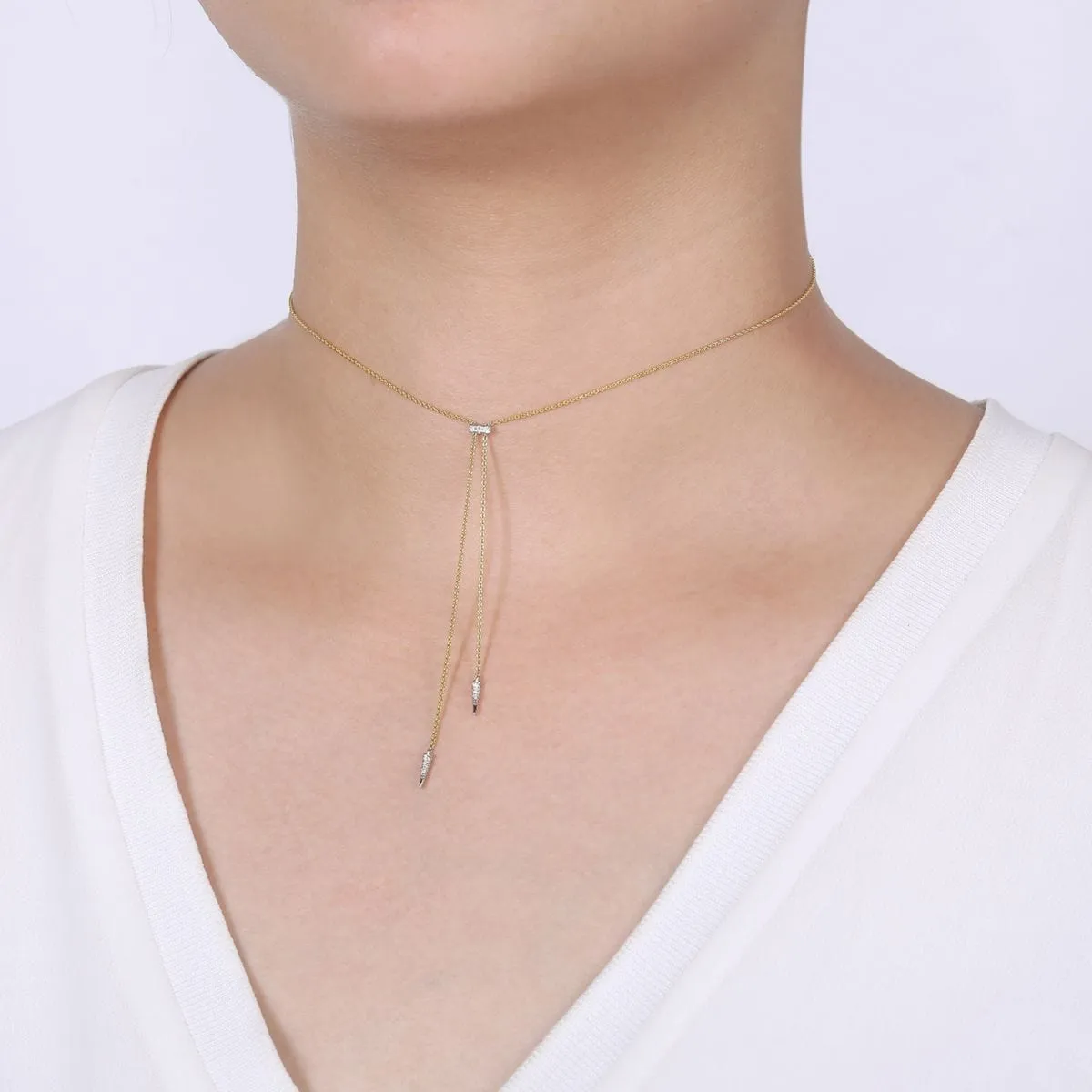 14K Yellow-White Gold Lariat Choker Necklace with Diamond Bar and Spikes - NK6123M45JJ