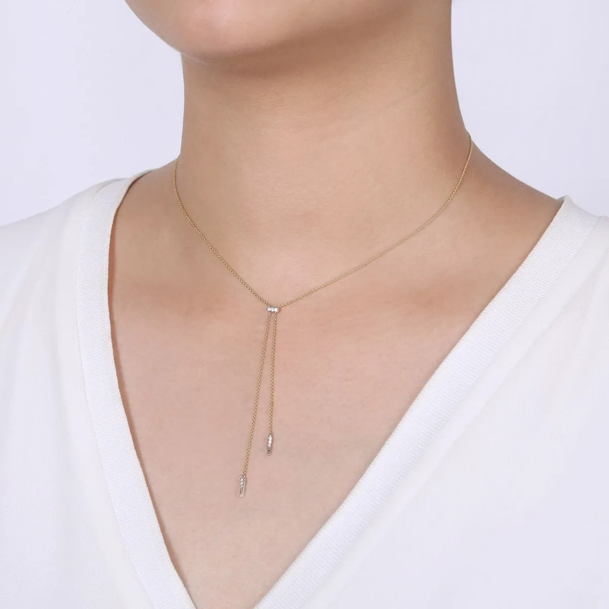 14K Yellow-White Gold Lariat Choker Necklace with Diamond Bar and Spikes - NK6123M45JJ