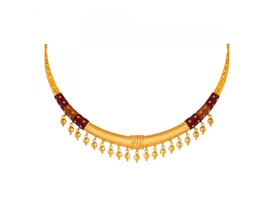 22k Gold Choker Necklace With Small Hanging Beads And Maroon Detailing