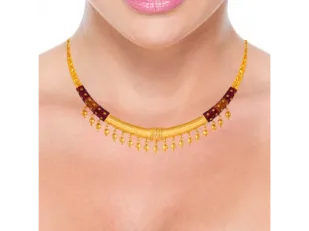 22k Gold Choker Necklace With Small Hanging Beads And Maroon Detailing