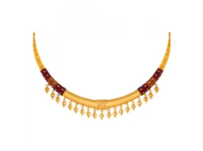 22k Gold Choker Necklace With Small Hanging Beads And Maroon Detailing