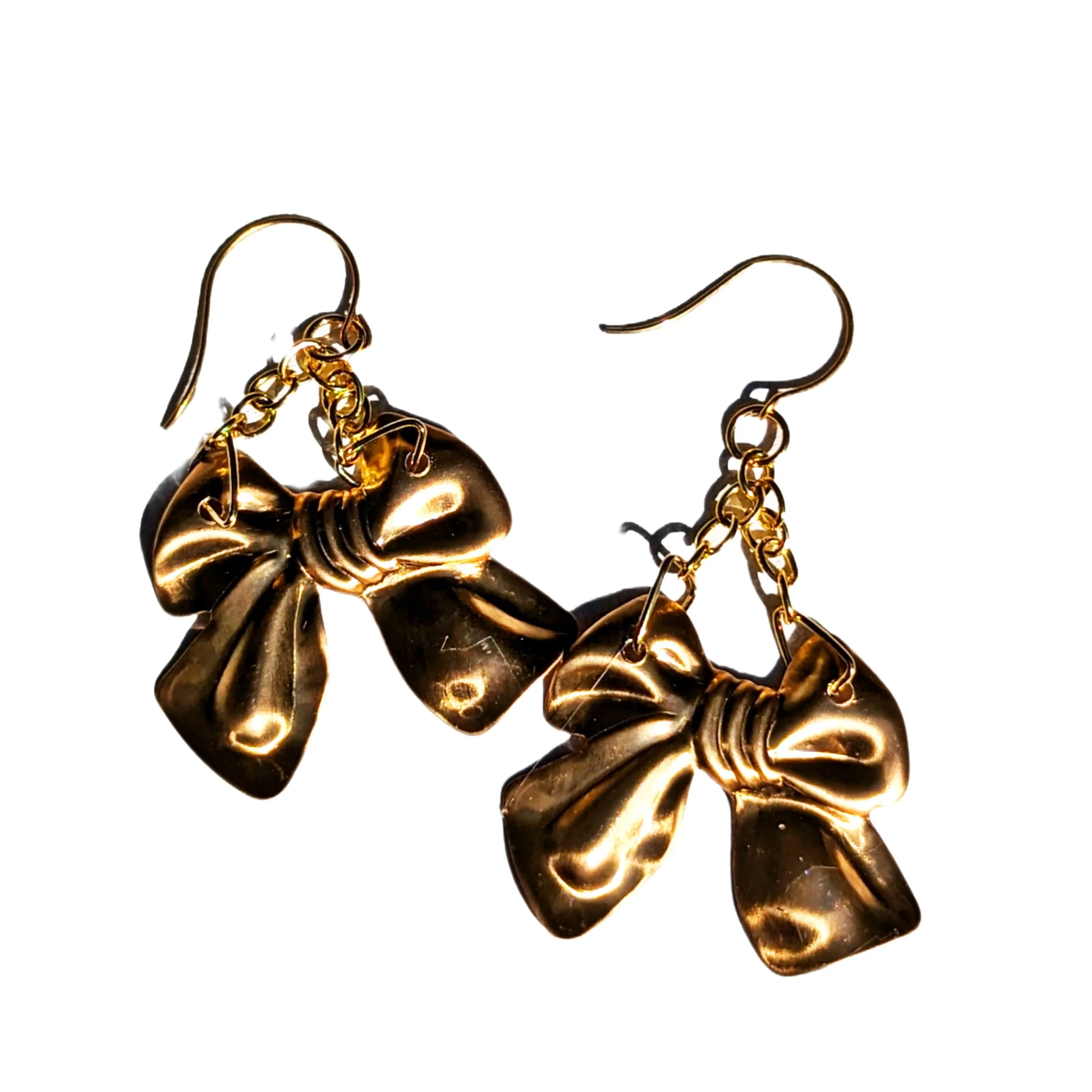 24k Gold Plated Brass Bow Pressing Earrings 3 inch Long USA Made by Sugar Gay Isber unisex adult