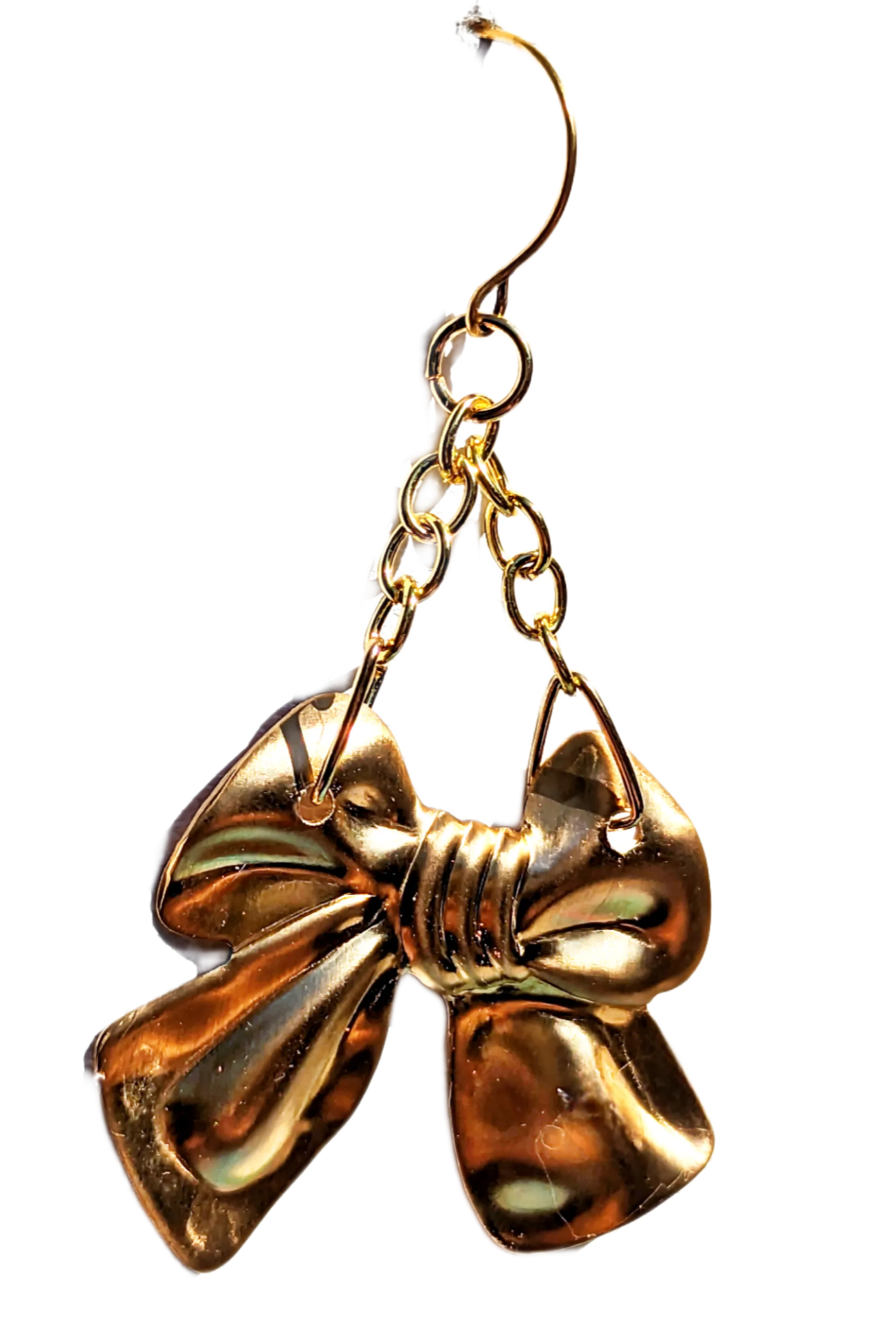 24k Gold Plated Brass Bow Pressing Earrings 3 inch Long USA Made by Sugar Gay Isber unisex adult