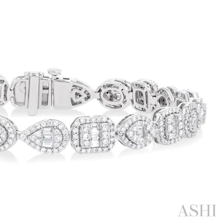 3 1/5 ctw Mixed Shape Halo Fusion Baguette and Round Cut Diamond Bracelet in 14K White Gold