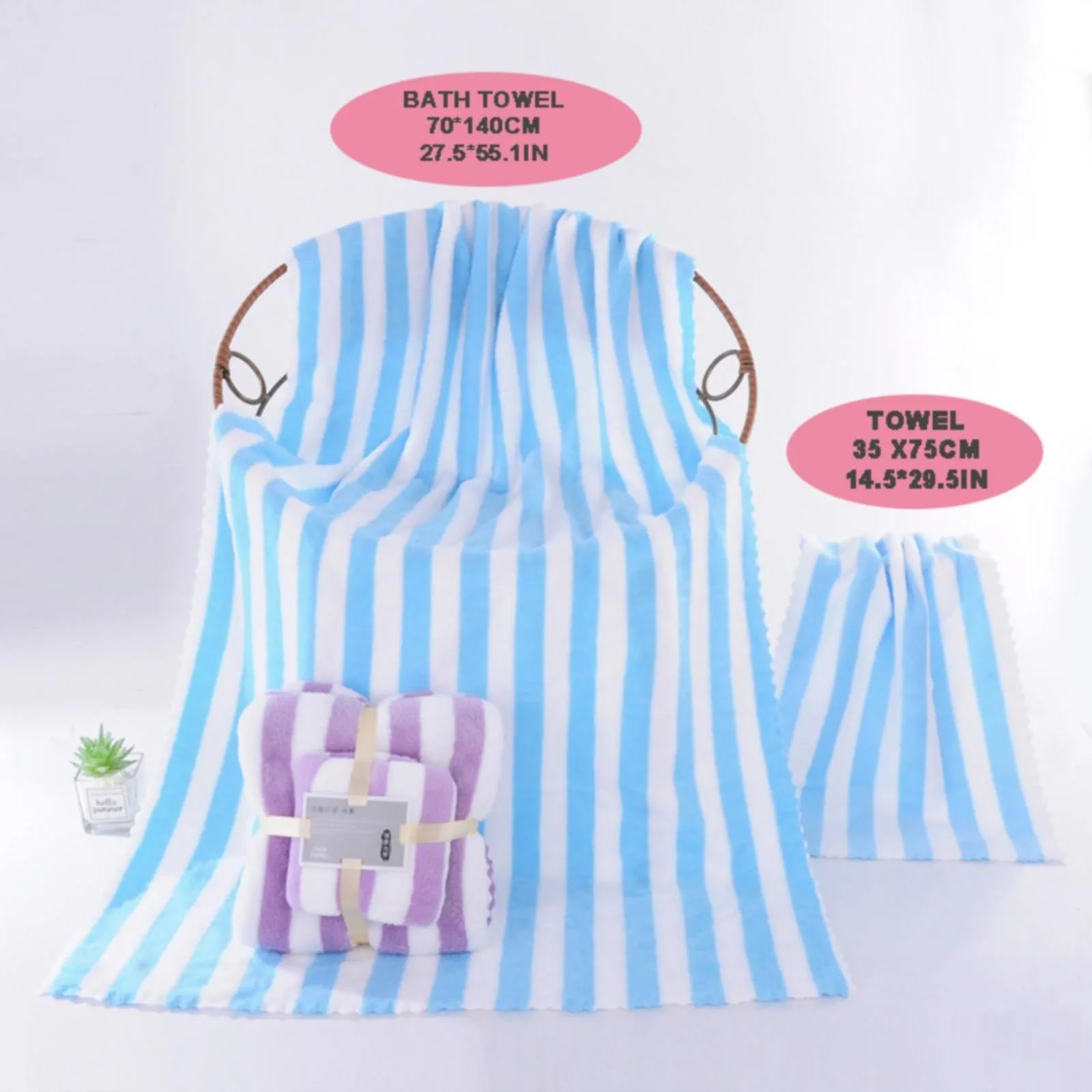 3in1 wide stripe coral velvet microfiber bath towel with a gift box