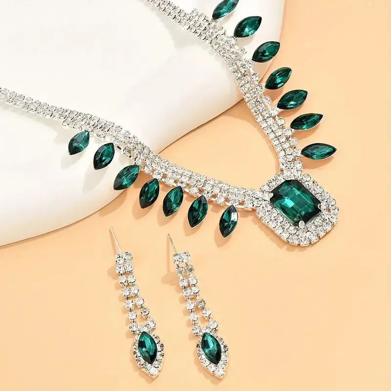 3pcs SILVER Emerald Green Jewelry Set l Rhinestone Earrings l Necklace l Bracelet l Prom l Wedding JS-928