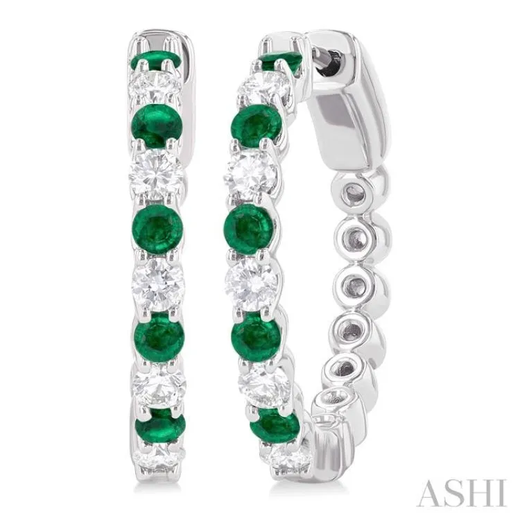 5/8 ctw Round 2.4MM Emerald and Round Cut Diamond Precious Hoop Earring in 14K White Gold