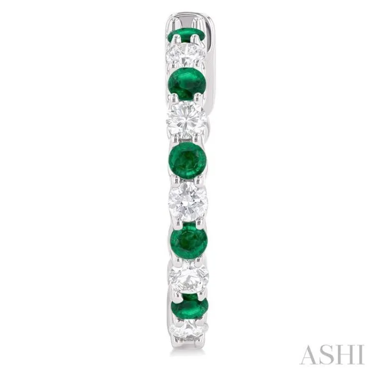 5/8 ctw Round 2.4MM Emerald and Round Cut Diamond Precious Hoop Earring in 14K White Gold