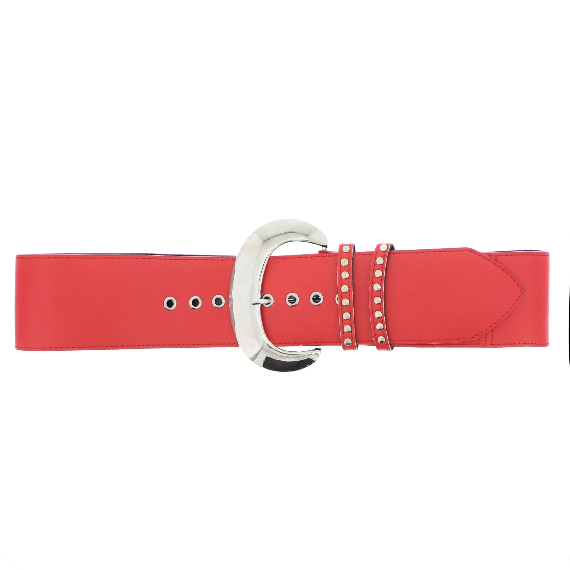 7.2cm Very Wide PU Belt with Large Silver Buckle & Studded Loop Holes