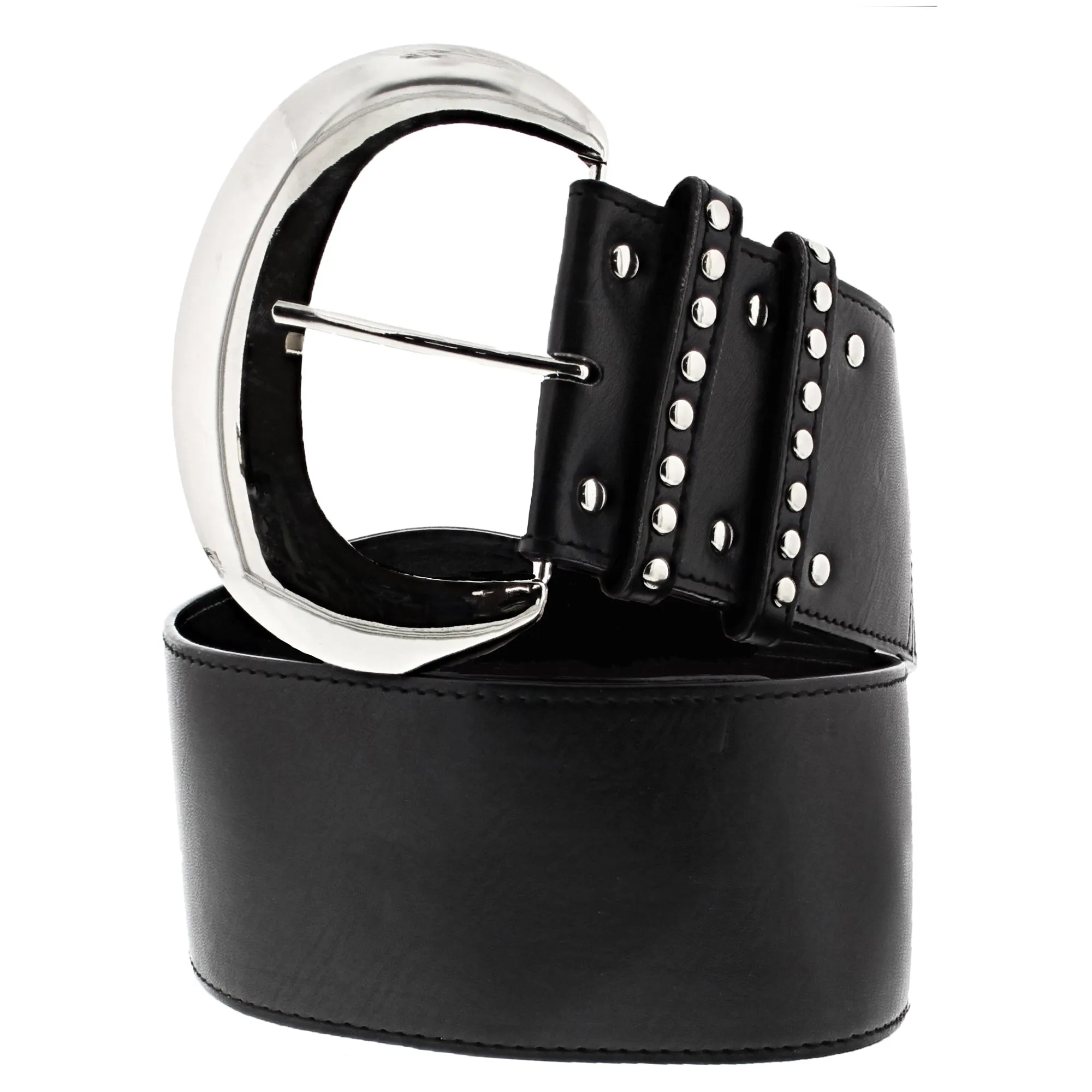 7.2cm Very Wide PU Belt with Large Silver Buckle & Studded Loop Holes