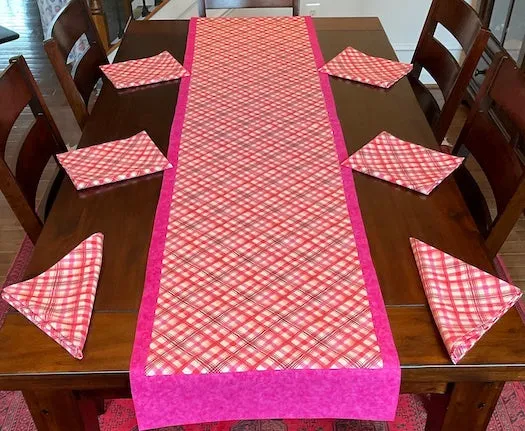 82" Coral Plaid Table Runner and Napkins (Set of 4 or 6)