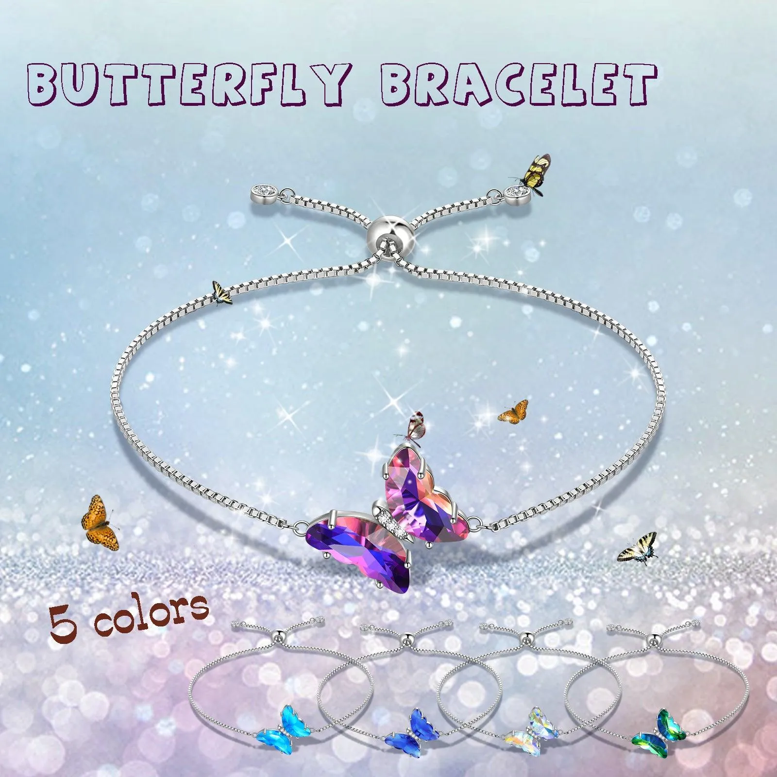 925 Sterling Silver Butterfly Bracelet Birthstone Crystal Women Jewelry Gifts