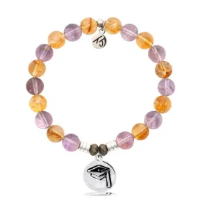 Amethyst Citrine Gemstone Bracelet with Grad Cap Sterling Silver Charm