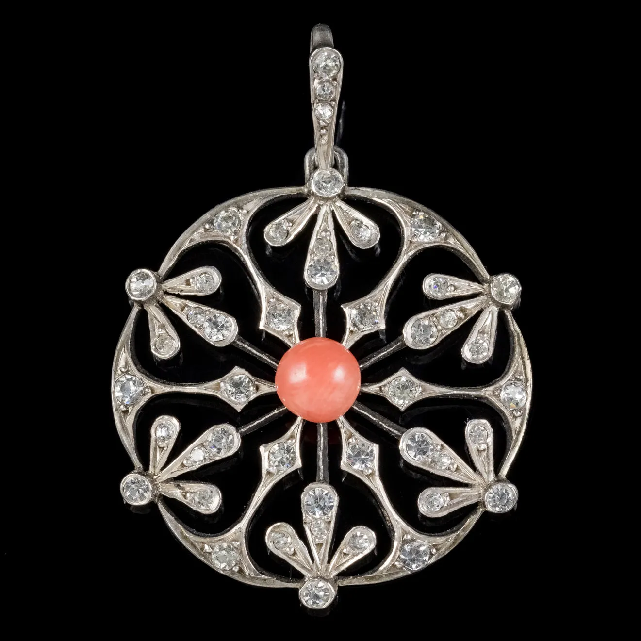 Antique French Art Nouveau Coral Snowflake Pendant Silver Circa 1900