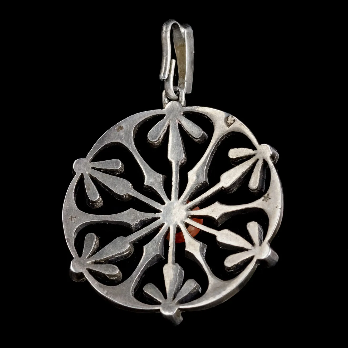 Antique French Art Nouveau Coral Snowflake Pendant Silver Circa 1900