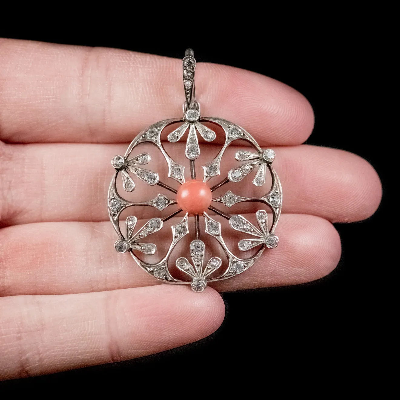 Antique French Art Nouveau Coral Snowflake Pendant Silver Circa 1900