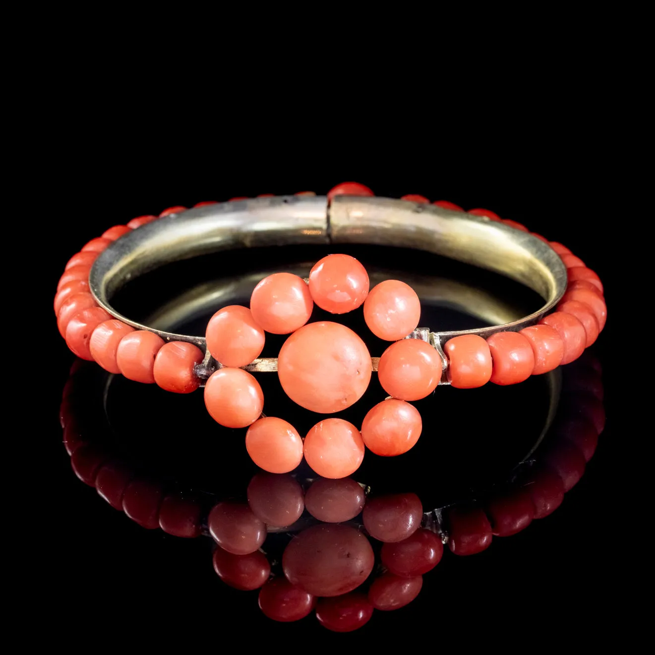 Antique Victorian Coral Flower Bangle Gold Gilt Circa 1880