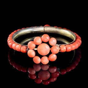 Antique Victorian Coral Flower Bangle Gold Gilt Circa 1880