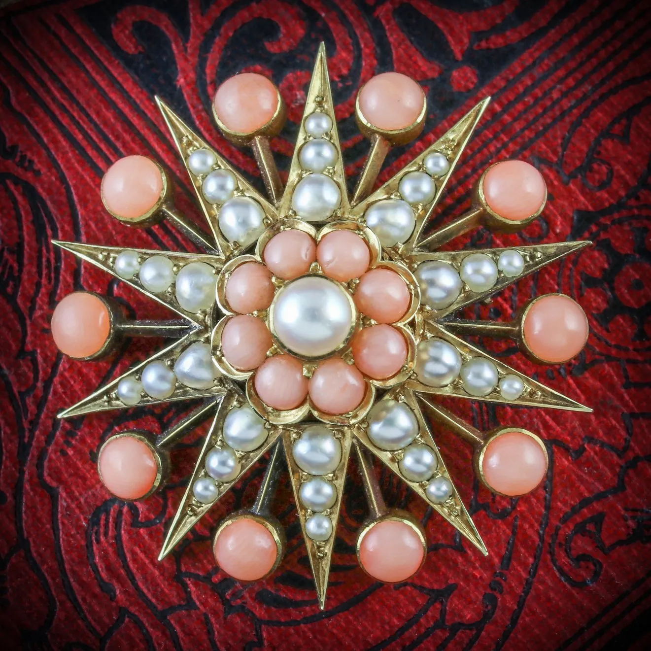 Antique Victorian Coral Pearl Star Brooch 18Ct Gold Circa 1900