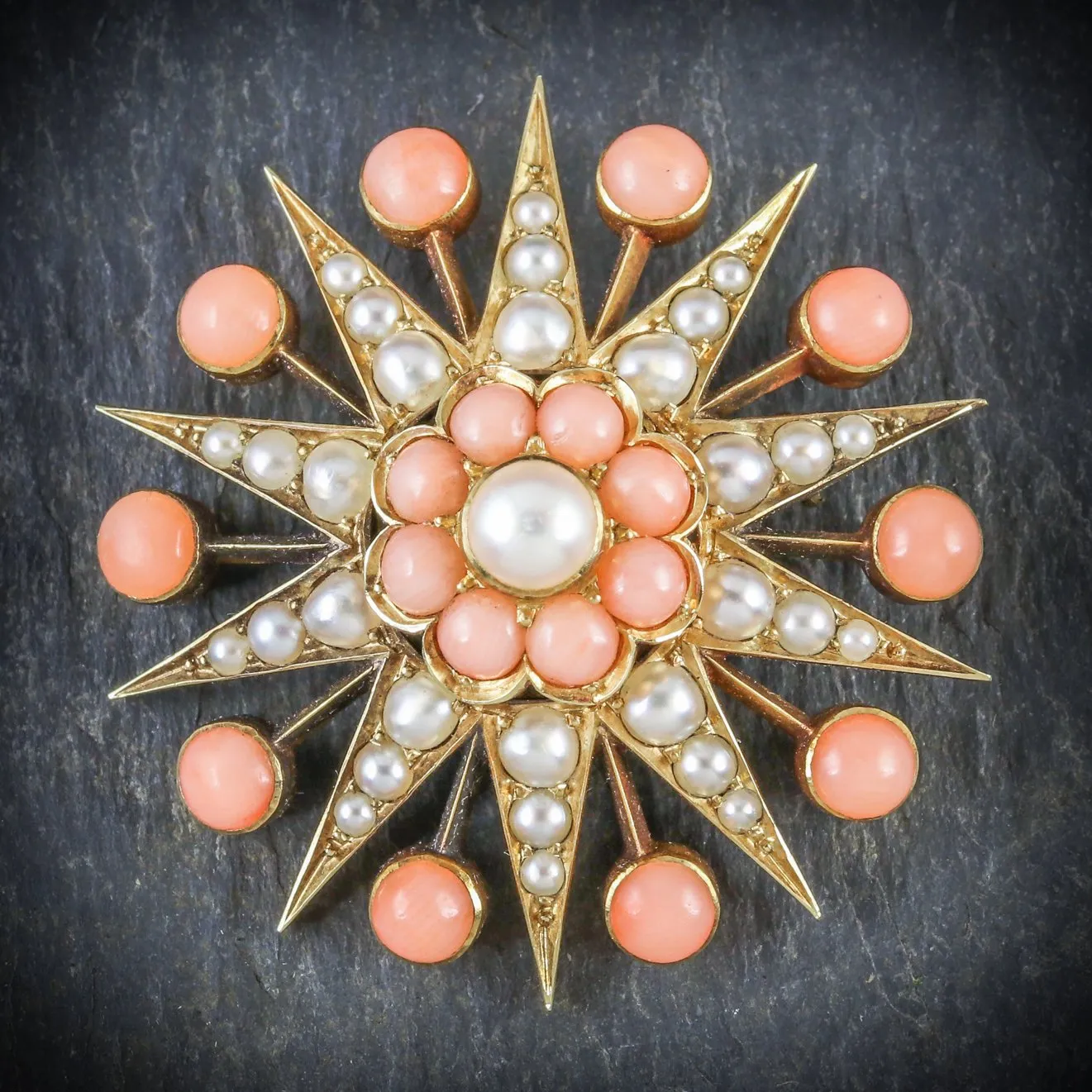 Antique Victorian Coral Pearl Star Brooch 18Ct Gold Circa 1900