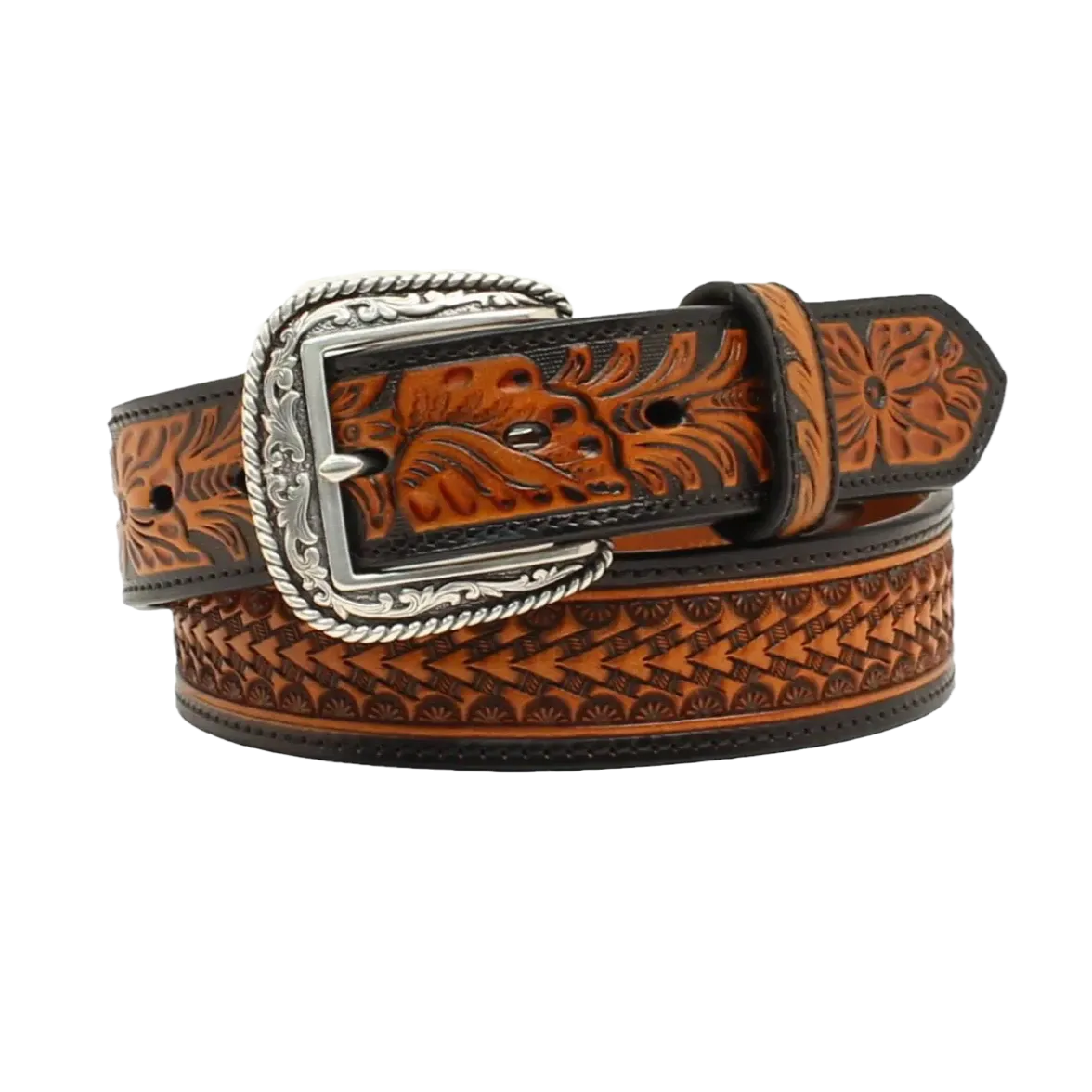 Ariat Men's Arrowhead Embossed Floral Tabs Black & Tan Leather Belt