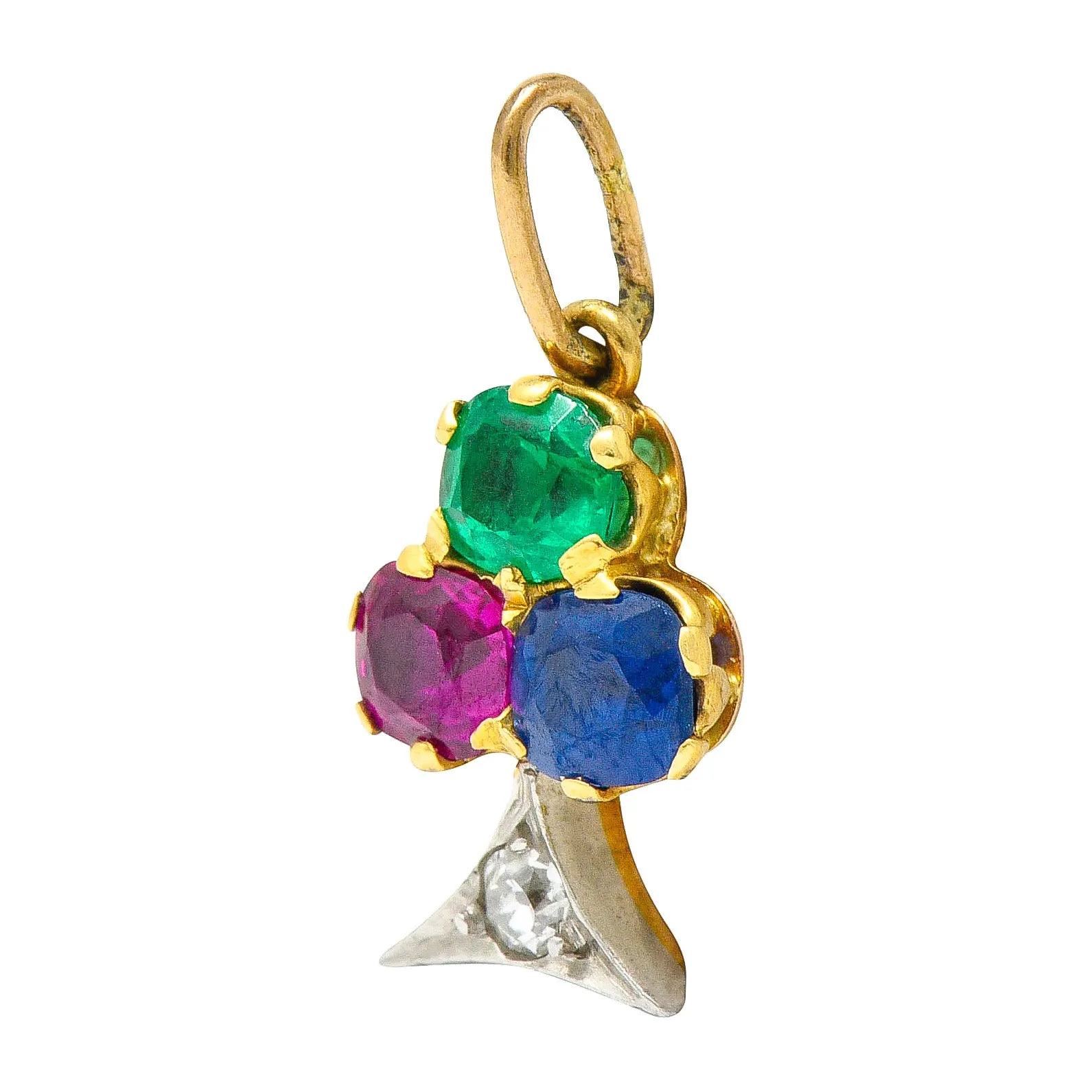 Art Nouveau Sapphire Ruby Diamond Platinum-Topped 18 Karat Gold Clover Charm