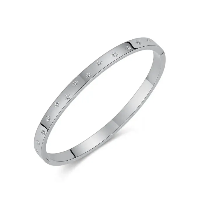 Astara CZ Star Bangle, Stainless Steel Clip Open Bangle, Size: 58mm Diameter