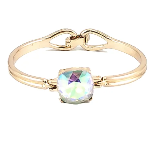 Aurora Borealis Cushion Cut Gold  Bangle Bracelet