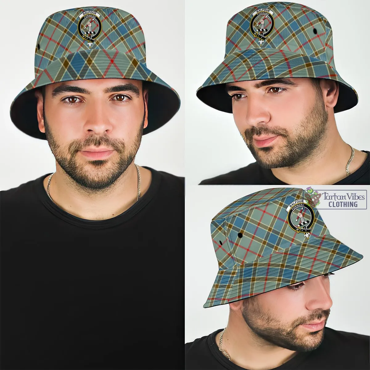 Balfour Blue Tartan Bucket Hat with Family Crest