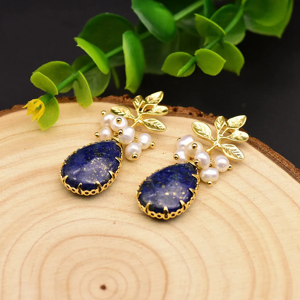 Baroque pearl lapis lazuli branch earrings