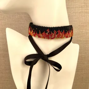 Beaded Fire Choker Necklace Ribbon Closure