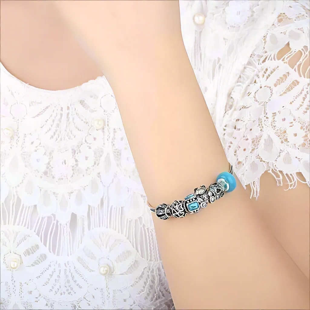 Beary Cute OB Aqua Crystal & Hearts Silver Bangle Bracelet