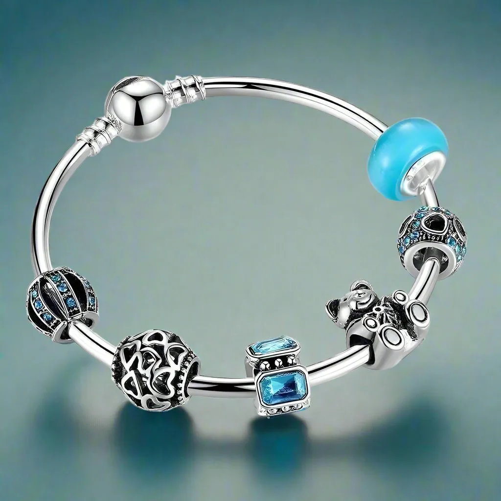 Beary Cute OB Aqua Crystal & Hearts Silver Bangle Bracelet