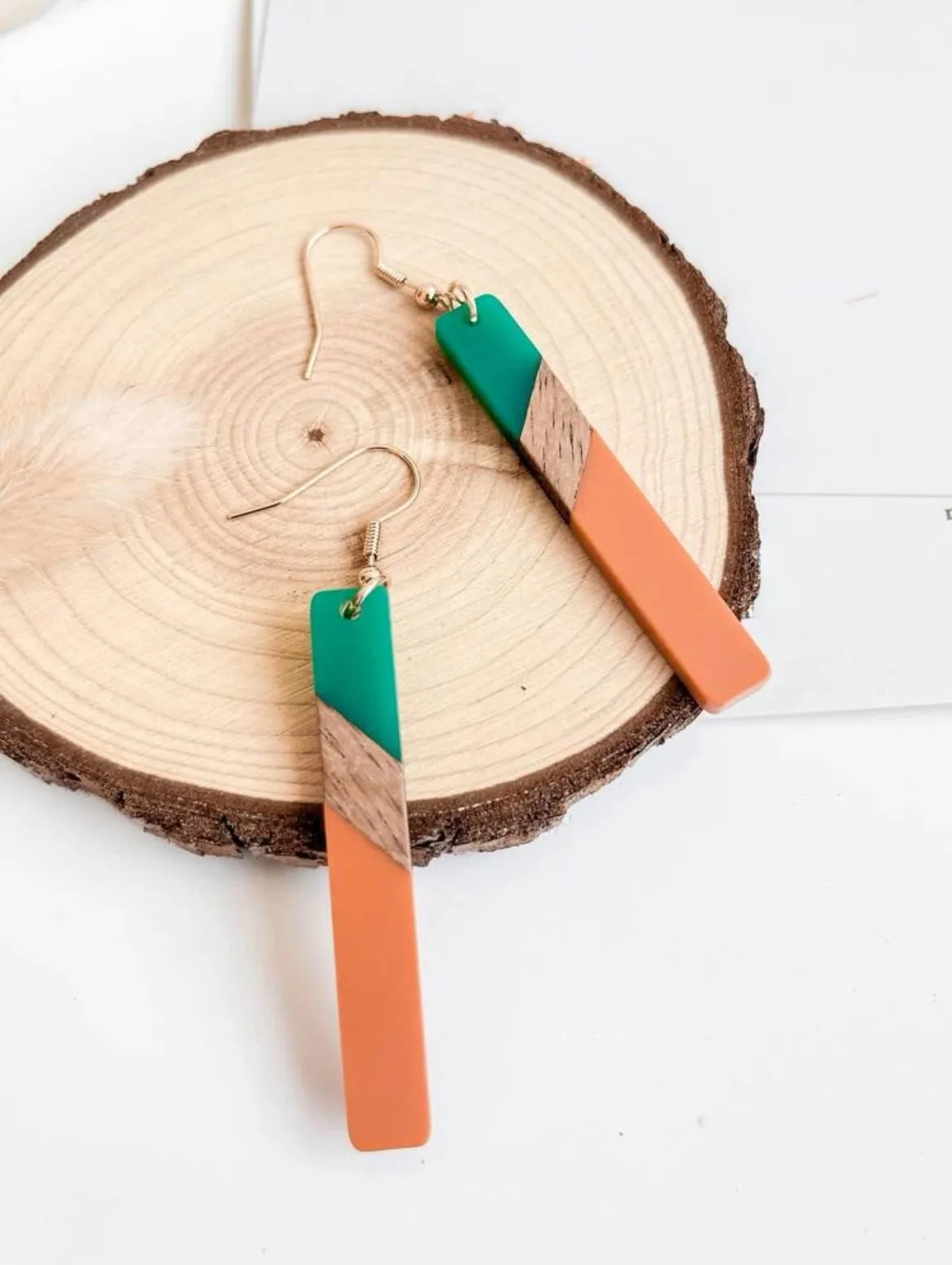 Beautiful Green and Orange Resin and Wood Earrings