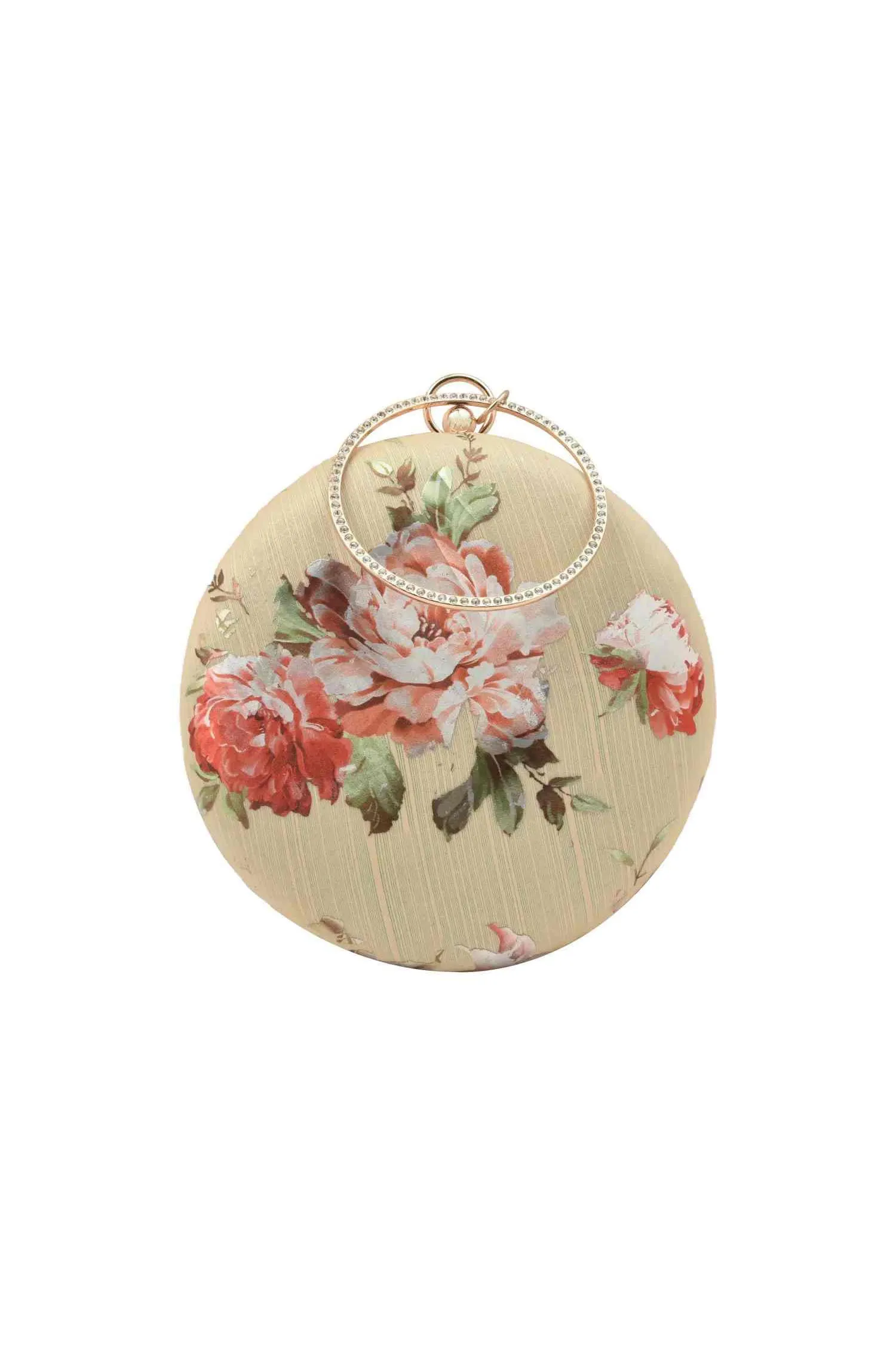 Beige Floral Foil Print Circular Clutch