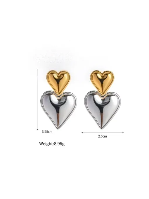 Big Heart Earrings, Two Tone Gold and Silver Double Heart Dangle Earrings