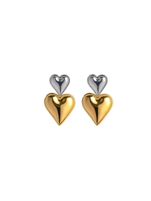 Big Heart Earrings, Two Tone Gold and Silver Double Heart Dangle Earrings